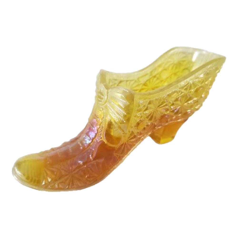 Vintage Collectible Boyd Daisy & Button Yellow Amber Iridescent Art Glass Slippe
